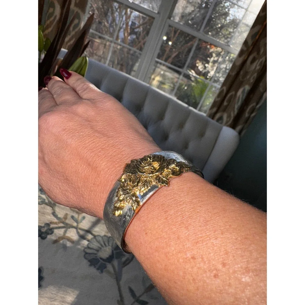 Gold Tone Rose Cuff Bracelet‎ Statement Bangle